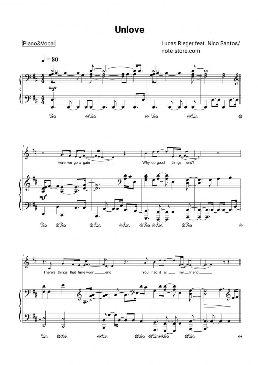 Unlove - Lucas Rieger, Nico Santos Piano Sheet Music with the Voice part - Piano&Vocal