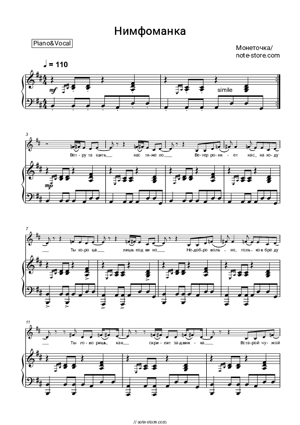 Нимфоманка - Monetochka Piano Sheet Music with the Voice part - Piano&Vocal
