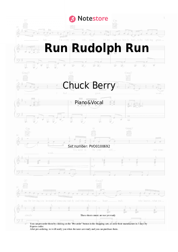 Run Rudolph Run - Chuck Berry Piano Sheet Music with the Voice part - Piano&Vocal