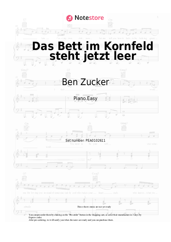 Das Bett im Kornfeld steht jetzt leer - Ben Zucker Piano Sheet Music Easy - Piano.Easy