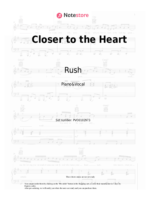 Closer to the Heart - Rush Piano Sheet Music with the Voice part - Piano&Vocal