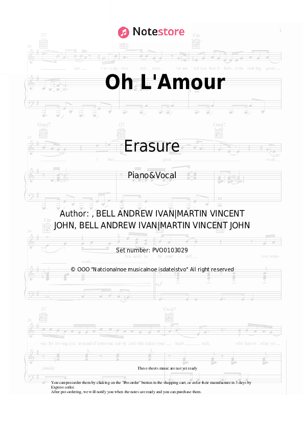 Oh L'Amour - Erasure Piano Sheet Music with the Voice part - Piano&Vocal