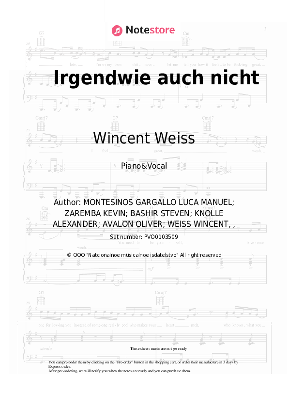 Irgendwie auch nicht - Wincent Weiss Piano Sheet Music with the Voice part - Piano&Vocal