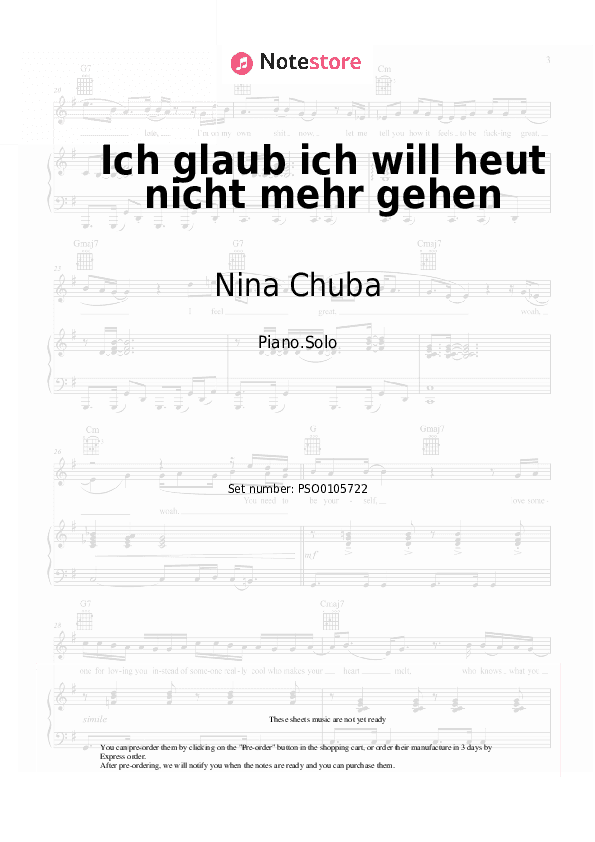 Ich glaub ich will heut nicht mehr gehen - Nina Chuba, Provinz Piano Sheet Music - Piano.Solo