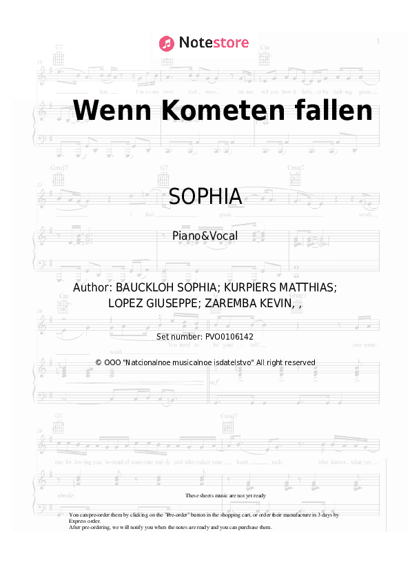 Wenn Kometen fallen - SOPHIA Piano Sheet Music with the Voice part - Piano&Vocal
