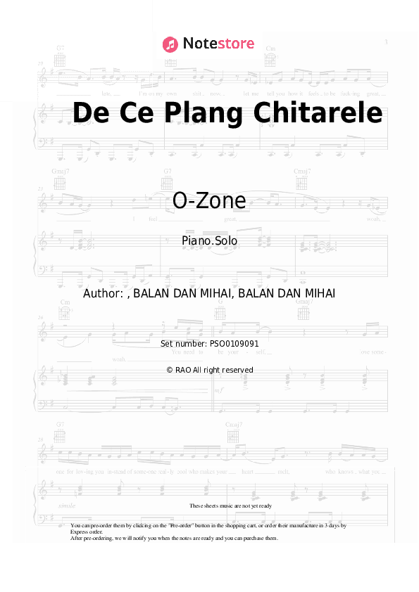 De Ce Plang Chitarele - O-Zone Piano Sheet Music - Piano.Solo