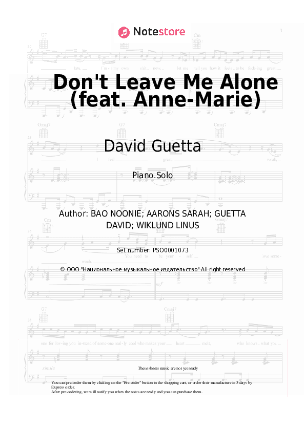 Don't Leave Me Alone (feat. Anne-Marie) - David Guetta Piano Sheet Music - Piano.Solo