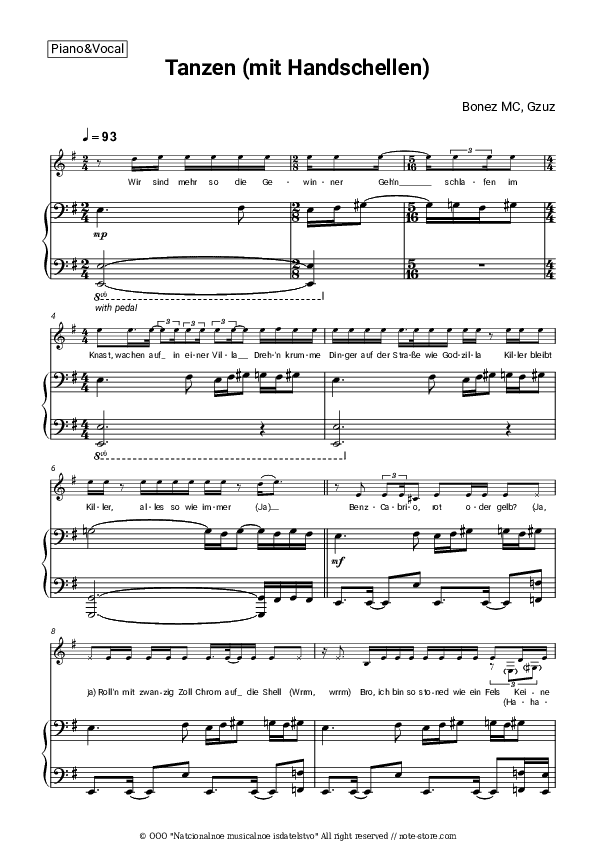 Tanzen (mit Handschellen) - Bonez MC, Gzuz Piano Sheet Music with the Voice part - Piano&Vocal