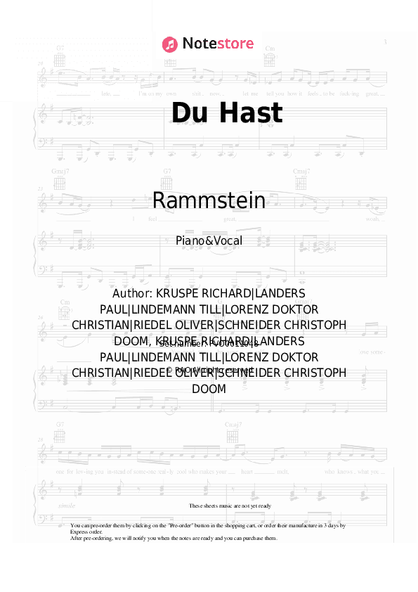 Du Hast - Rammstein Piano Sheet Music with the Voice part - Piano&Vocal