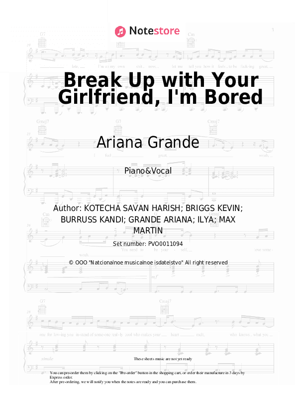 Break Up with Your Girlfriend, I'm Bored - Ariana Grande Piano Sheet Music with the Voice part - Piano&Vocal