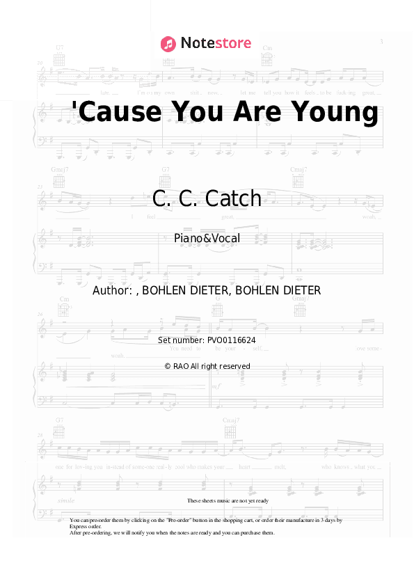 'Cause You Are Young - C. C. Catch Piano Sheet Music with the Voice part - Piano&Vocal