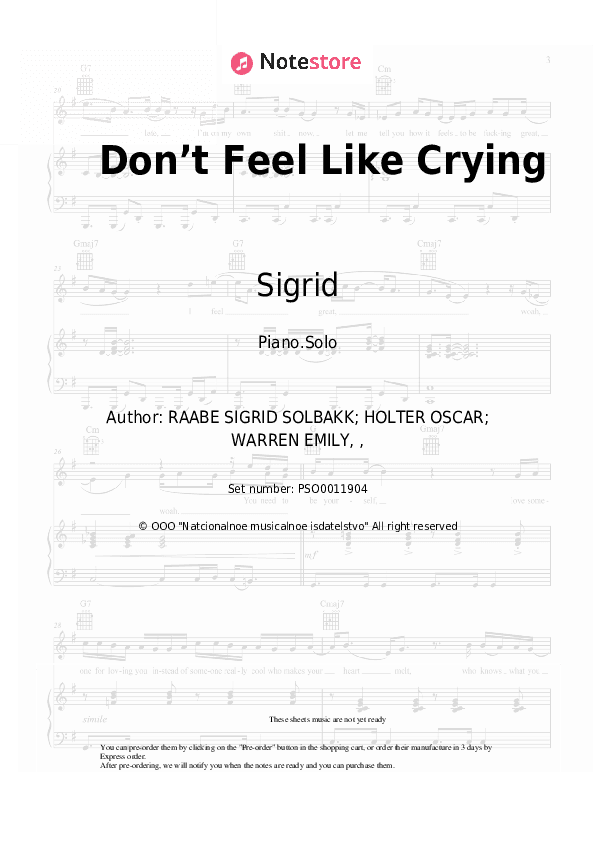 Don’t Feel Like Crying - Sigrid Piano Sheet Music - Piano.Solo