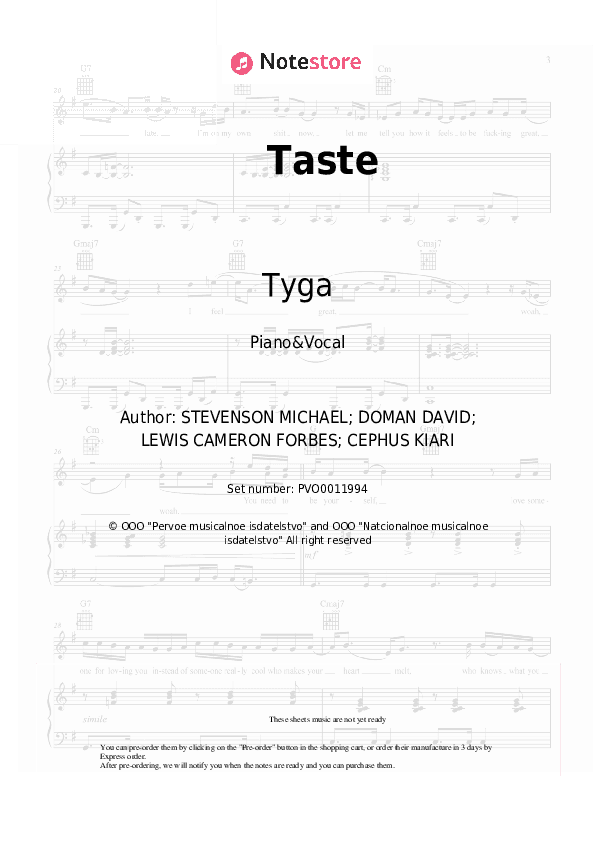 Taste - Tyga, Offset Piano Sheet Music with the Voice part - Piano&Vocal