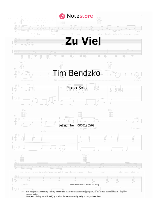 Zu Viel - Tim Bendzko Piano Sheet Music - Piano.Solo