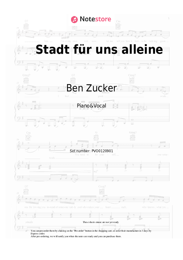 Stadt für uns alleine - Ben Zucker Piano Sheet Music with the Voice part - Piano&Vocal