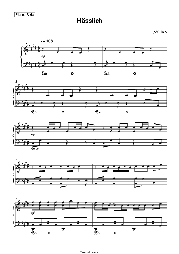 Hässlich - AYLIVA Piano Sheet Music - Piano.Solo