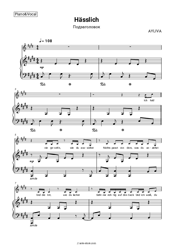 Hässlich - AYLIVA Piano Sheet Music with the Voice part - Piano&Vocal
