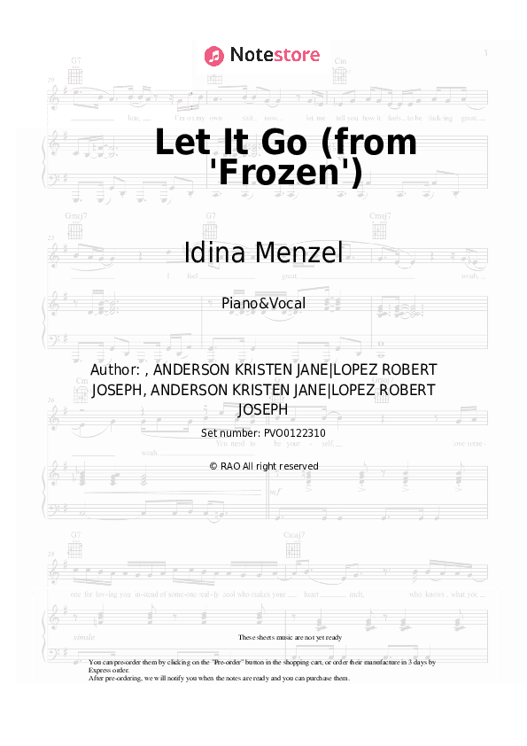 Let It Go (from 'Frozen') - Idina Menzel Piano Sheet Music with the Voice part - Piano&Vocal