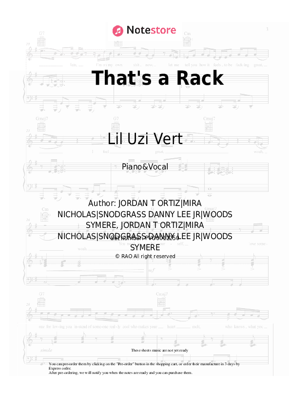 That's a Rack - Lil Uzi Vert Piano Sheet Music with the Voice part - Piano&Vocal