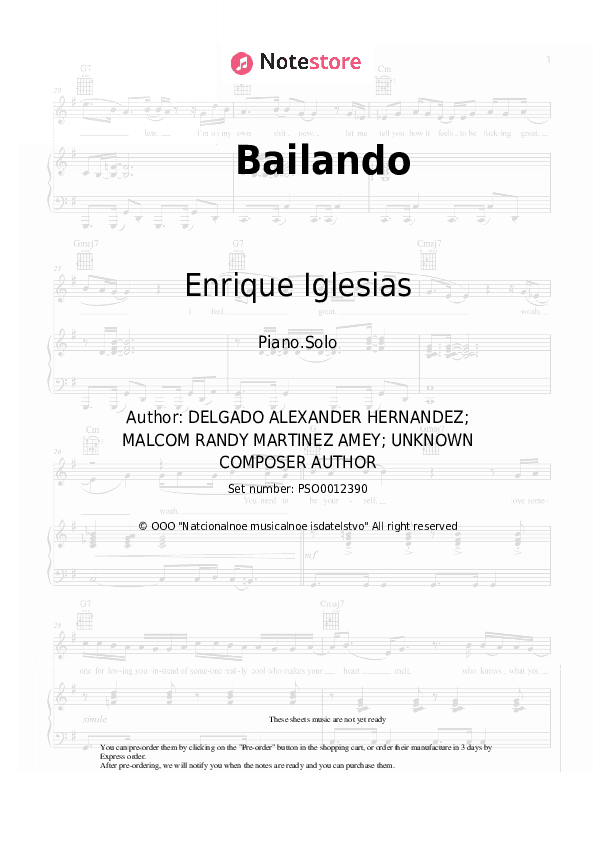 Bailando - Enrique Iglesias, Descemer Bueno, Gente De Zona Piano Sheet Music - Piano.Solo
