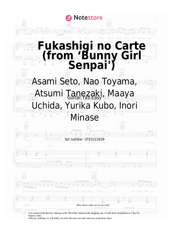 Fukashigi no Carte (from ‘Bunny Girl Senpai') - Asami Seto, Nao Toyama, Atsumi Tanezaki, Maaya Uchida, Yurika Kubo, Inori Minase Tabs Easy - Guitar.Tab.Easy
