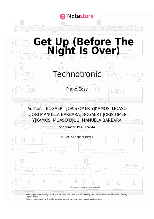 Get Up (Before The Night Is Over) - Technotronic Piano Sheet Music Easy - Piano.Easy