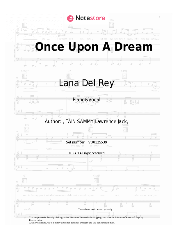 Once Upon A Dream - Lana Del Rey Piano Sheet Music with the Voice part - Piano&Vocal