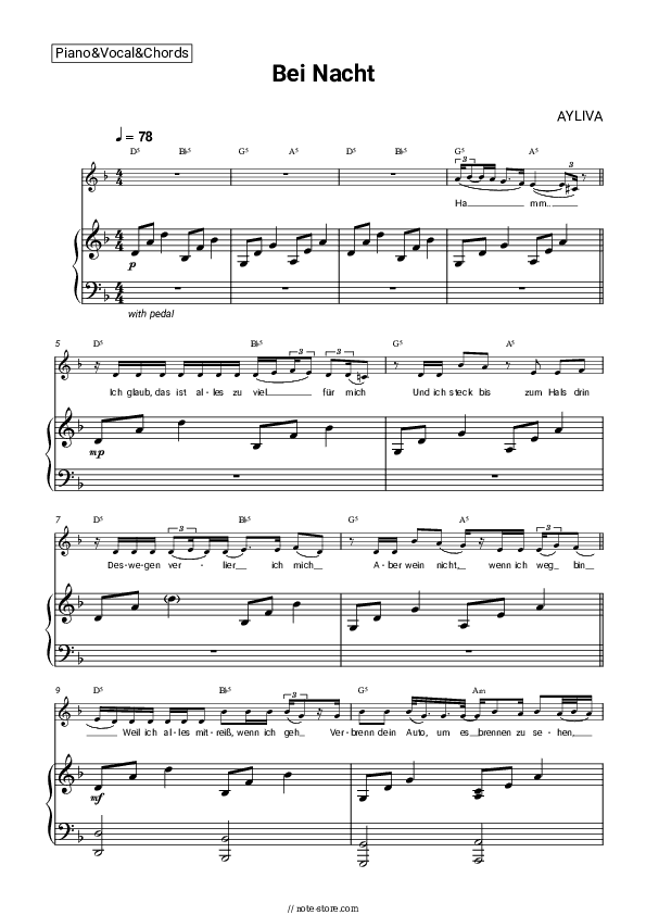 Bei Nacht - AYLIVA Piano Sheet Music with the Vocal and Chords - Piano&Vocal&Chords