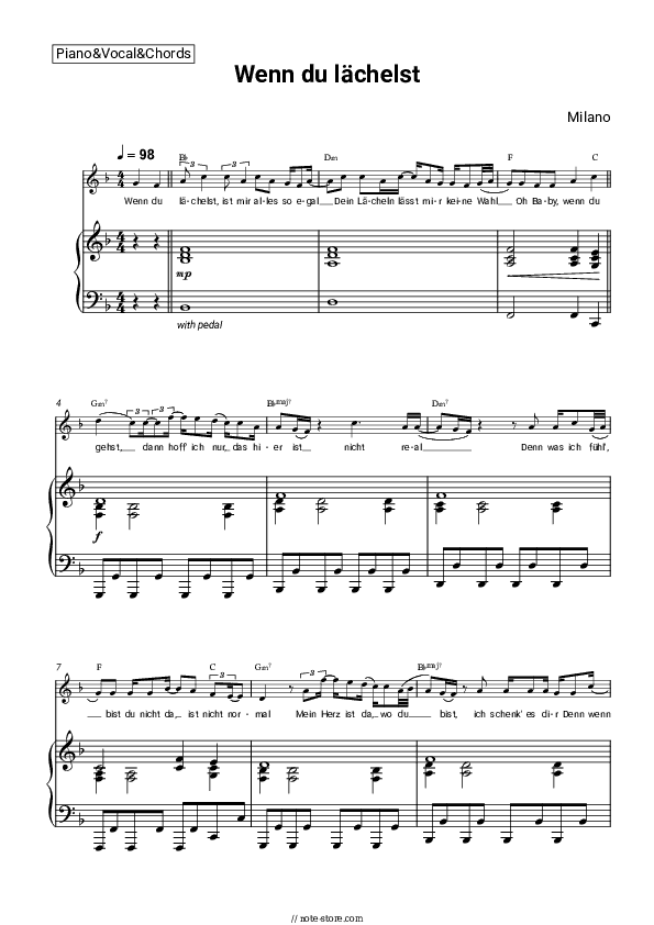 Wenn du lächelst - Milano Piano Sheet Music with the Vocal and Chords - Piano&Vocal&Chords