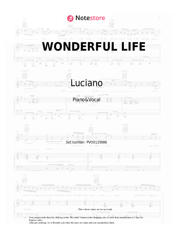 WONDERFUL LIFE - Luciano, Hurts, 6PM RECORDS, SIRA Piano Sheet Music with the Voice part - Piano&Vocal