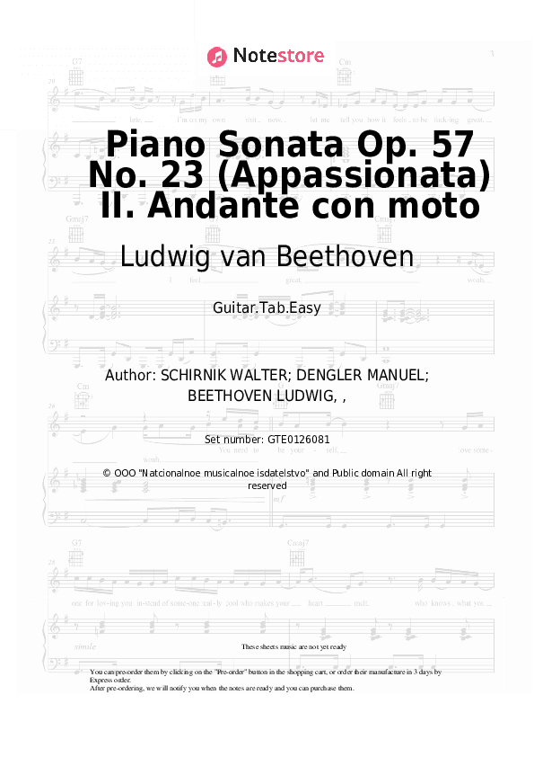 Piano Sonata Op. 57 No. 23 (Appassionata) II. Andante con moto - Ludwig van Beethoven Tabs Easy - Guitar.Tab.Easy