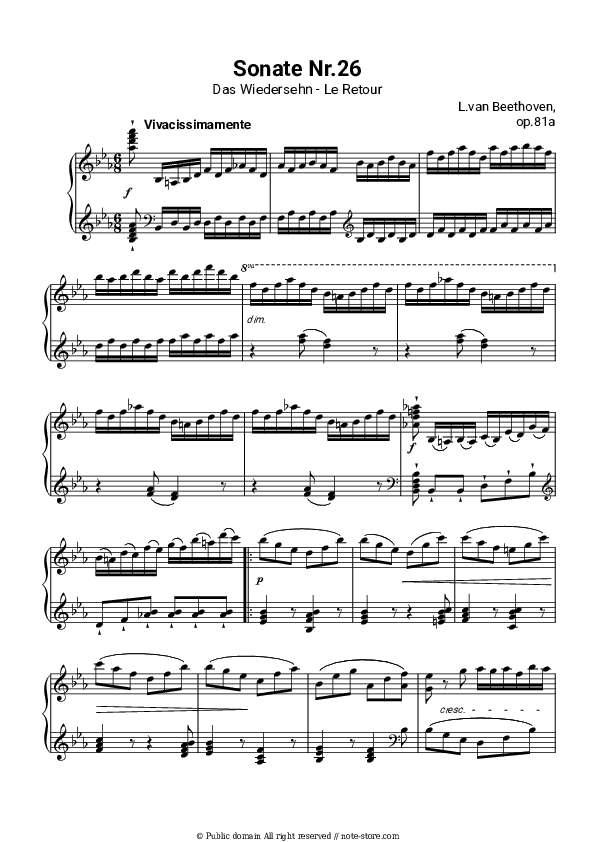 Piano Sonata No. 26 (“Les Adieux”), Op. 81a, III. Das Wiedersehen - Ludwig van Beethoven Piano Sheet Music - Piano.Solo