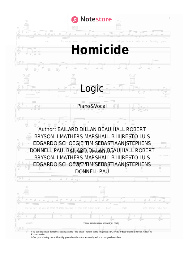 Homicide - Logic, Eminem Piano Sheet Music with the Voice part - Piano&Vocal
