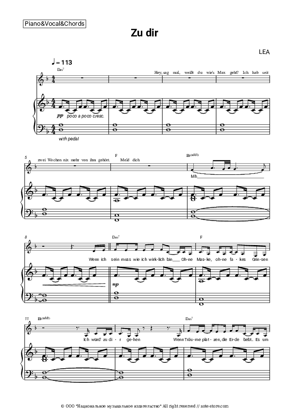 Zu dir - LEA Piano Sheet Music with the Vocal and Chords - Piano&Vocal&Chords