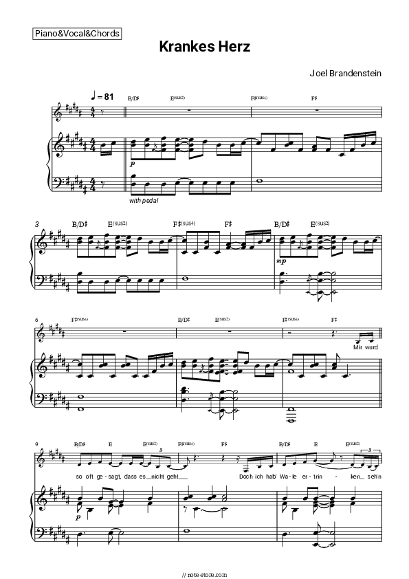 Krankes Herz - Joel Brandenstein Piano Sheet Music with the Vocal and Chords - Piano&Vocal&Chords