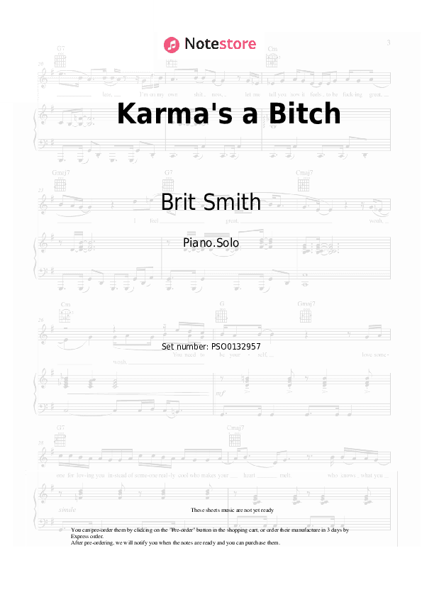 Karma's a Bitch - Brit Smith Piano Sheet Music - Piano.Solo