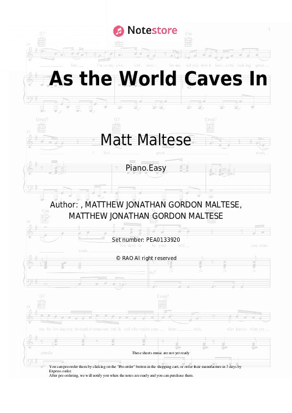 As the World Caves In - Matt Maltese Piano Sheet Music Easy - Piano.Easy