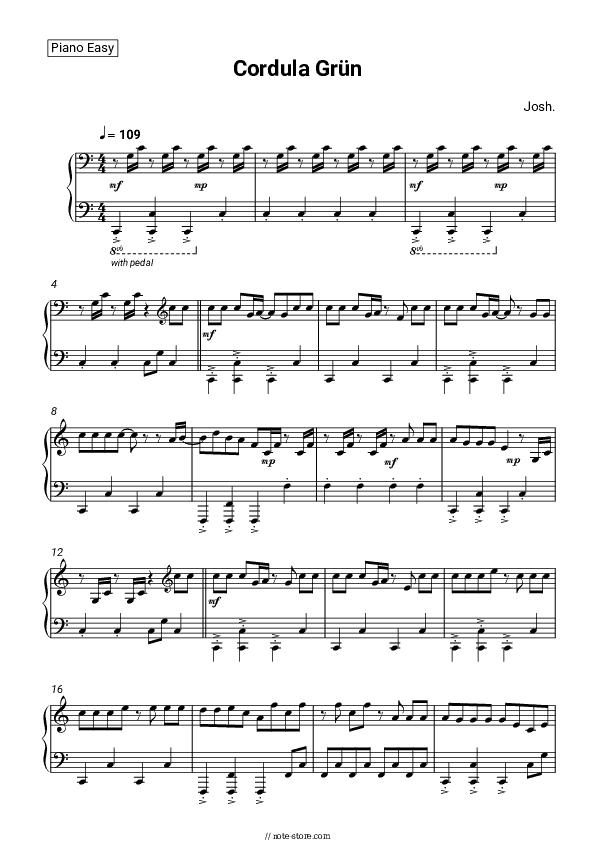 Cordula Grün - Josh. Piano Sheet Music Easy - Piano.Easy