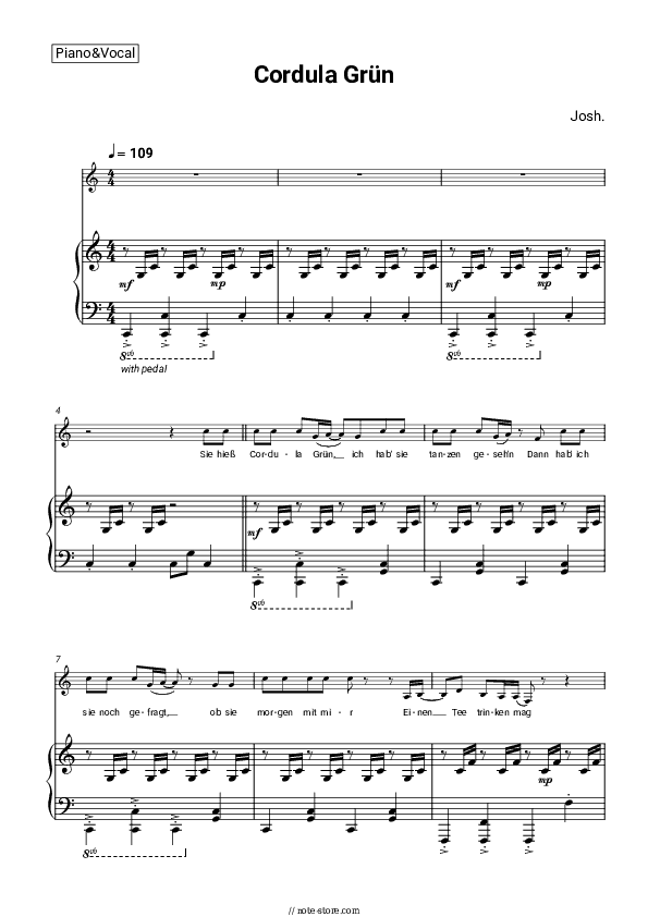 Cordula Grün - Josh. Piano Sheet Music with the Voice part - Piano&Vocal