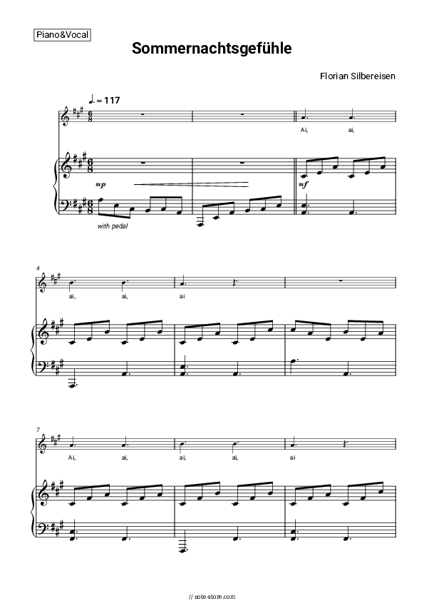 Sommernachtsgefühle - Florian Silbereisen Piano Sheet Music with the Voice part - Piano&Vocal