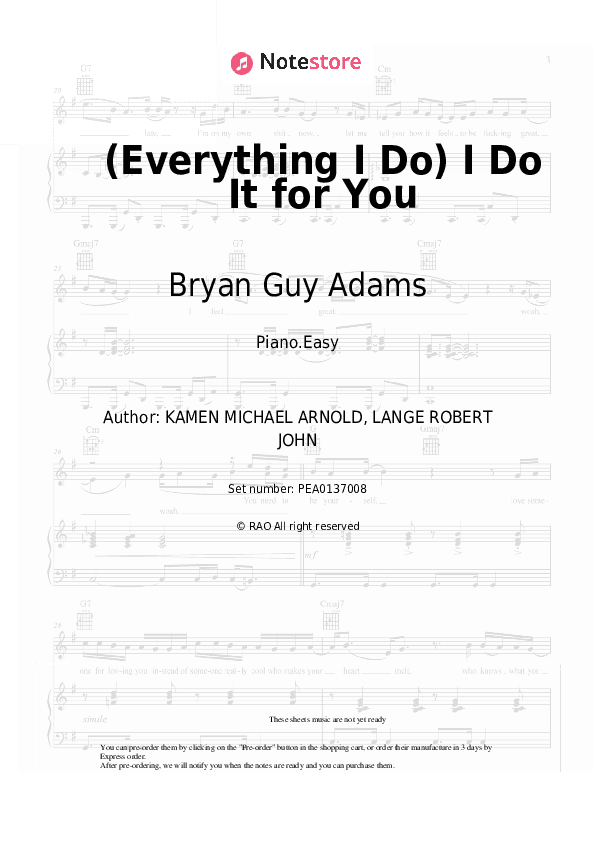 (Everything I Do) I Do It for You - Bryan Guy Adams Piano Sheet Music Easy - Piano.Easy