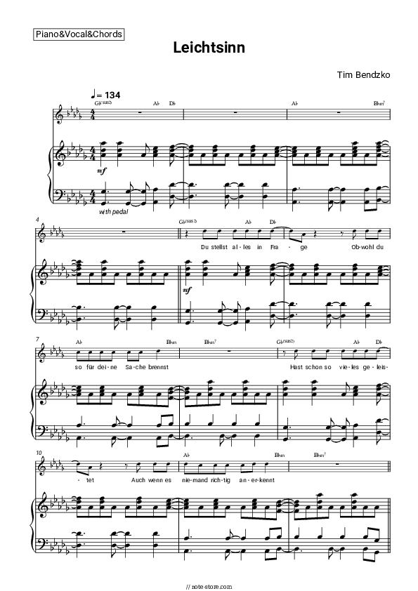 Leichtsinn - Tim Bendzko Piano Sheet Music with the Vocal and Chords - Piano&Vocal&Chords