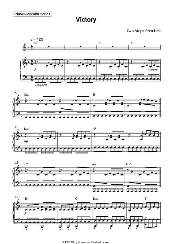 Victory - Two Steps from Hell Piano Sheet Music with the Vocal and Chords - Piano&Vocal&Chords