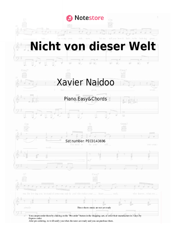 Nicht von dieser Welt - Xavier Naidoo Sheet Music Easy and Chords - Piano.Easy&Chords