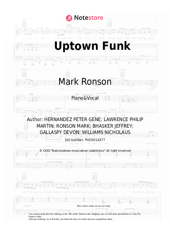 Uptown Funk - Mark Ronson, Bruno Mars Piano Sheet Music with the Voice part - Piano&Vocal