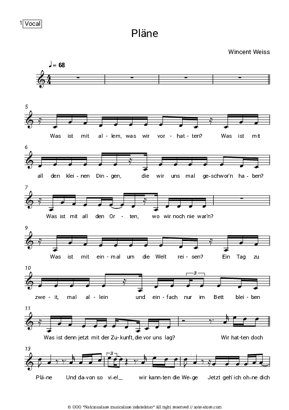 Pläne - Wincent Weiss Vocal Sheet Music - Vocal