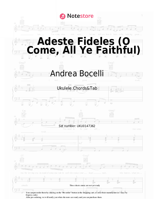 Adeste Fideles (O Come, All Ye Faithful) - Andrea Bocelli Ukulele Sheet Music - Ukulele.Chords&Tab