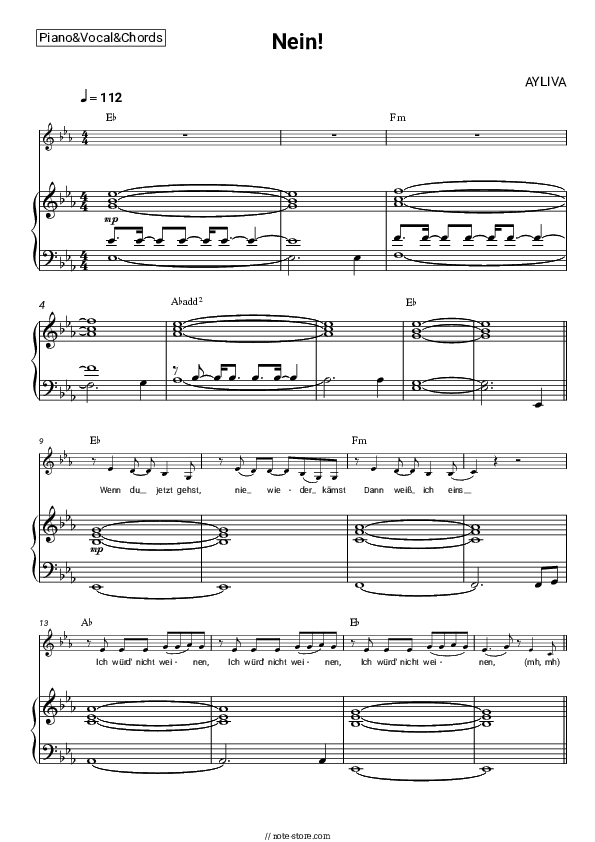 Nein! - AYLIVA Piano Sheet Music with the Vocal and Chords - Piano&Vocal&Chords