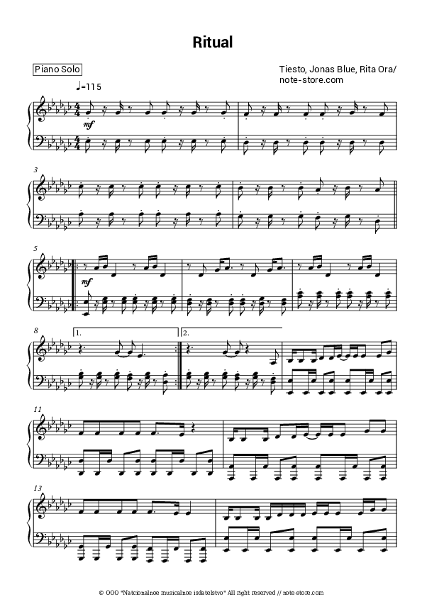Ritual - Tiësto, Jonas Blue, Rita Ora Piano Sheet Music - Piano.Solo