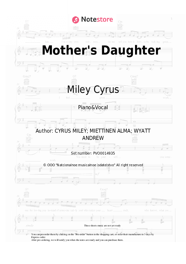 Mother's Daughter - Miley Cyrus Piano Sheet Music with the Voice part - Piano&Vocal